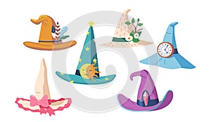 Set Cute Witch Or Enchantress Hats Isolated Icons, Wizard Headwear, Traditional Decorated Magician Caps With Feathers