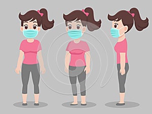 Set of cute Woman wearing protective Medical mask for prevent virus