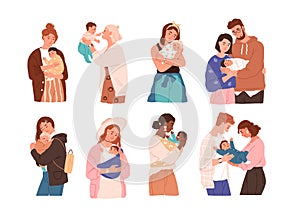 Set of cute women and families with newborn baby. Collection of different children with happy parents feeling love