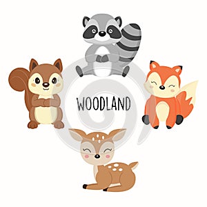 Set of cute woodland animals isolated on white background.