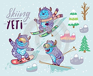 Set of cute yeti skiing in the mountain. Vector illustration