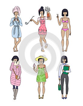 Set of cute young smiling asian girl. Different clothes and hairstyle. Vector illustration.