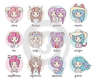 Set of cute zodiac girls