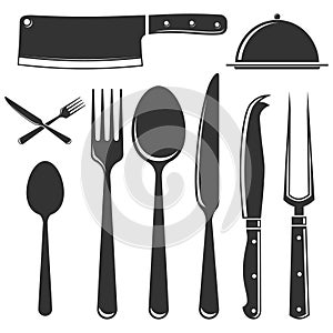 Set of cutlery icons silhouettes. Spoon, forks, knife, cloche with lid. Graphic with knives, forks, and spoons used for