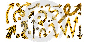 Set of cutout abstract playful arrow. Scribble doodle texture for scrapbook note design. Crayon and charcoal texture on soft paper