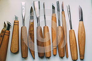 a set of cutters for woodcarving, carpentry tools, carving knives