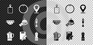 Set Cutting board, Chef hat with location, Teapot, and knife, Pepper, Kitchen colander and Covered tray icon. Vector