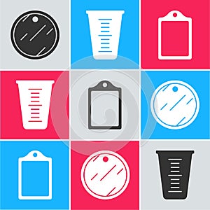Set Cutting board, Measuring cup and Cutting board icon. Vector