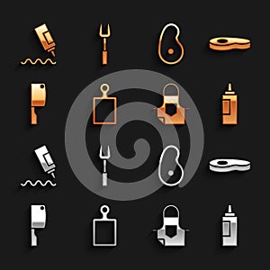 Set Cutting board, Steak meat, Sauce bottle, Kitchen apron, Meat chopper, and Barbecue fork icon. Vector