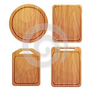 Set Cutting board wooden chopping desk top view in cartoon style isolated on white background. Wood shield, menu mockup