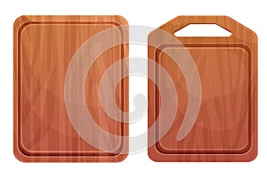 Set Cutting board wooden chopping desk top view in cartoon style isolated on white background. Wood shield, menu mockup