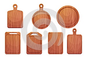 Set Cutting board wooden chopping desk top view in cartoon style isolated on white background. Wood shield, menu mockup