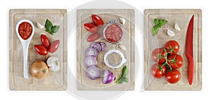 Set of cutting boards with tomatoes, onions, garlic, basil and s