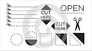 Set of cutting lines and geometric dashed objects with scissors.