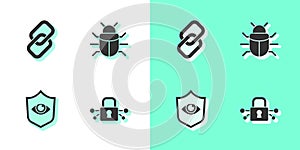 Set Cyber security, Chain link, Shield and eye and System bug icon. Vector