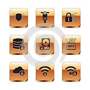Set Cyber security, Cloud computing lock, Wifi locked, Hard disk drive and, Server with and icon. Vector