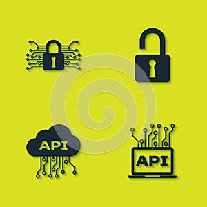 Set Cyber security, Computer api interface, Cloud and Open padlock icon. Vector