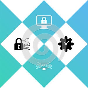 Set Cyber security, Computer api interface, Lock on monitor and Time Management icon. Vector