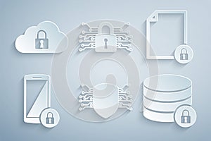 Set Cyber security, Document and lock, Smartphone with, Server, and Cloud computing icon. Vector