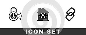Set Cyber security, House with eye scan and Chain link icon. Vector