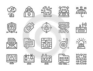 Set of Cyber Security Line Icons. Spy Agent, Trojan Horse, Cryptography and more