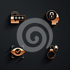Set Cyber security, Lock, Eye scan and Bomb icon with long shadow. Vector