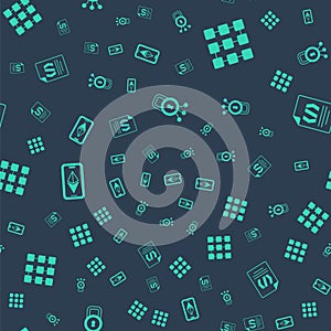 Set Cyber security, NFT blockchain technology, Ethereum ETH and Binary code on seamless pattern. Vector