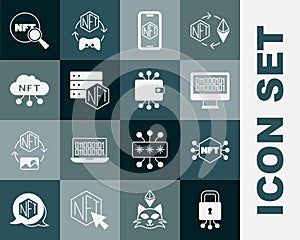 Set Cyber security, NFT Digital crypto art, Binary code, Mobile with store app, blockchain technology, cloud, Search and