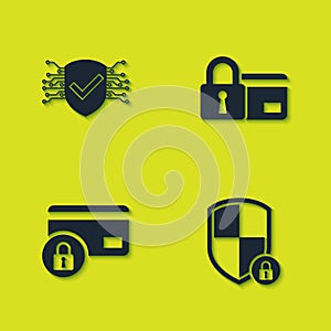 Set Cyber security, Shield with lock, Credit card and icon. Vector