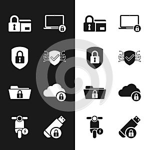 Set Cyber security, Shield with lock, Credit card, Laptop and, Folder and Cloud computing icon. Vector