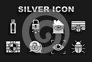 Set Cyber security, System bug in credit card, Eye scan, Shield with brick wall, House eye, USB flash drive and icon