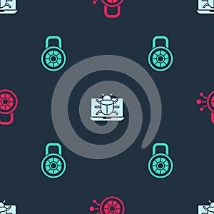 Set Cyber security, System bug on monitor and Safe combination lock on seamless pattern. Vector