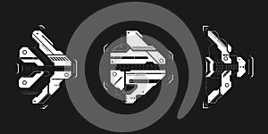 Set of cyberpunk arrows. Collection of futuristic interface cyber elements. Cyberpunk pointers, direction. Set of arrows