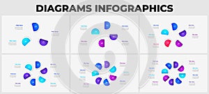 Set of the cycle infographic elements with 3, 4, 5, 6, 7 and 8 options