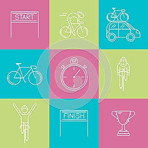 Set of 9 Cycling Race modern linear icons.
