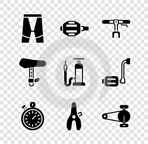 Set Cycling shorts, Bicycle pedal, handlebar, Stopwatch, seat, chain with gear, and air pump icon. Vector