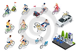 Set of cyclists, car with bike holder, bicycle parking. Isometric People on Bicycles. Family Cyclists. Collection of