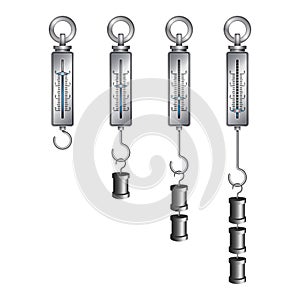 Set of cylindrical spring mechanical dynamometers with metal pointers and various weights. Dynamometer. Force measuring instrument