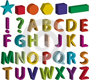 Set of 3d alphabet letters, basic shapes and punctuation marks