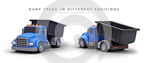 Set of 3D dump trucks in different positions. Vector object, front and back view