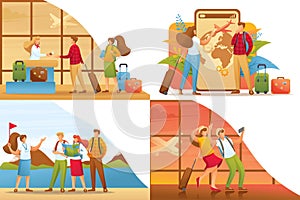 Set 2D Flat concepts, people on vacation, on excursions, on vacation. For Concept for web design photo