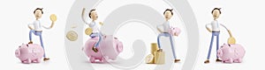 Cartoon character with coin and money box pig. set of 3d illustrations