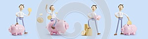 Cartoon character with coin and money box pig. set of 3d illustrations