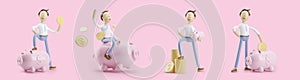 Cartoon character with coin and money box pig. set of 3d illustrations