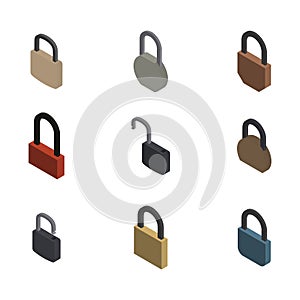 Set of 3D isometric locks, flat vector illustration