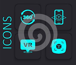 Set 3d modeling, 360 degree view, and Virtual reality icon. Black square button. Vector