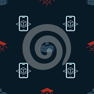 Set 3d modeling, Virtual reality glasses and on seamless pattern. Vector