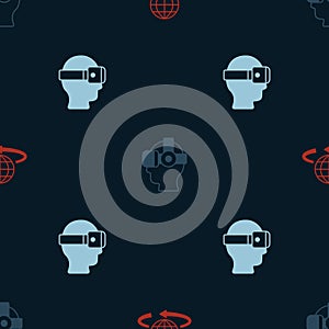 Set 3d modeling, Virtual reality glasses and on seamless pattern. Vector