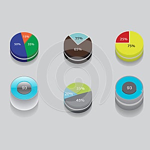 Set of 3D pie charts. business items and stats with the numbers.