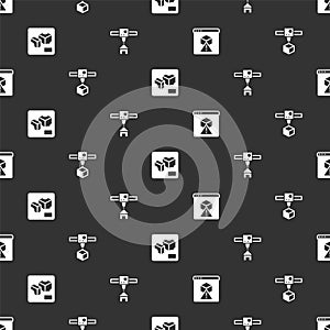 Set 3D printer, cube, and house on seamless pattern. Vector